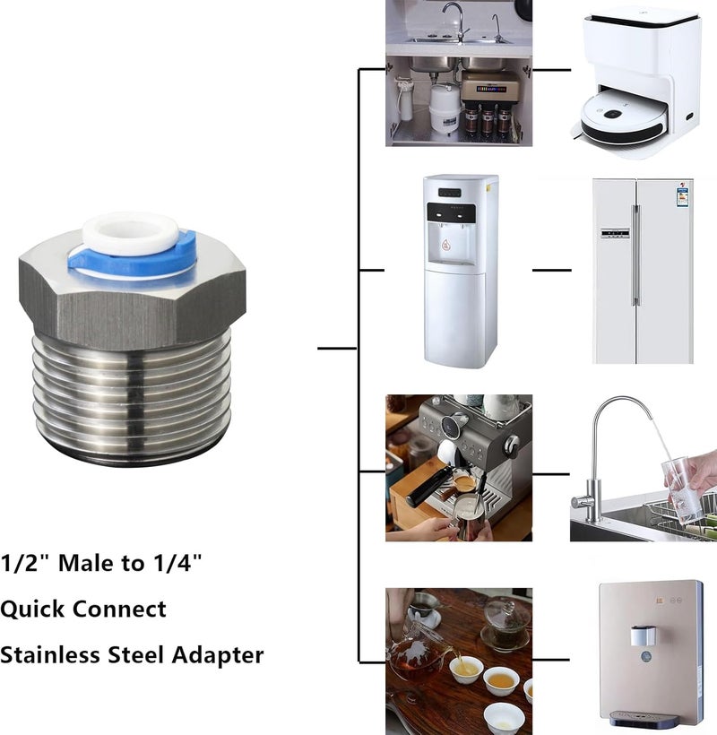 AimatRun Stainless Steel 1/2" Male Thread to 1/4" Push-to-Connect Tube Quick Connector, suitable for reverse osmosis (RO) water purifiers and beverage dispenser fitting adapters. - Image 4